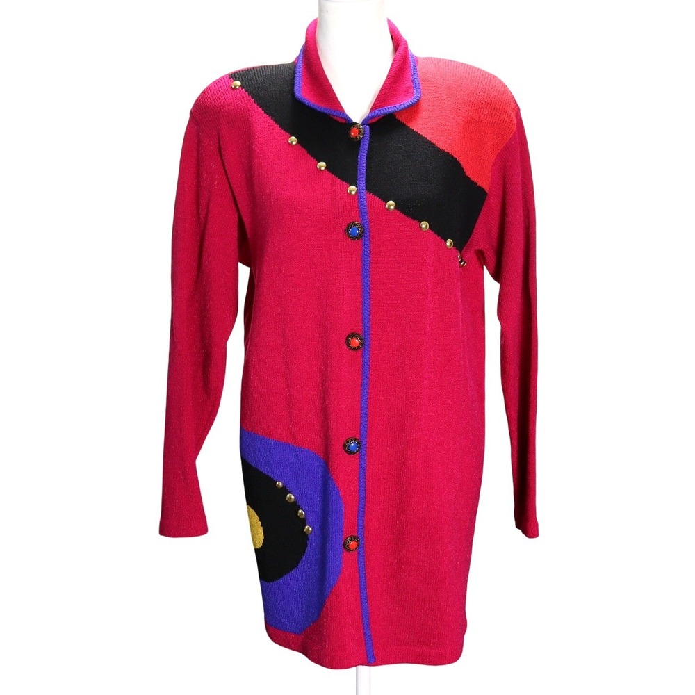 Vintage Helen HSU N.Y. Long Cardigan Sweater Bold Art fall Fuchsia Colorblock XS